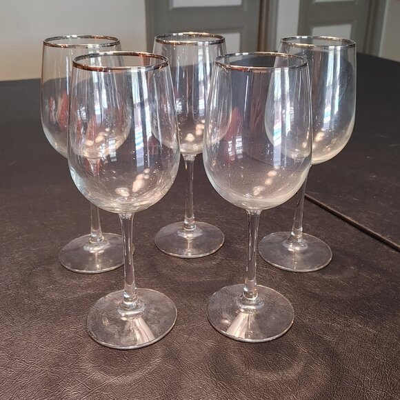 Vintage Silver Rimmed Wine Glasses Set of 5 - Picture 1 of 5